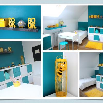 Décoration chambre enfant bleu et jaune