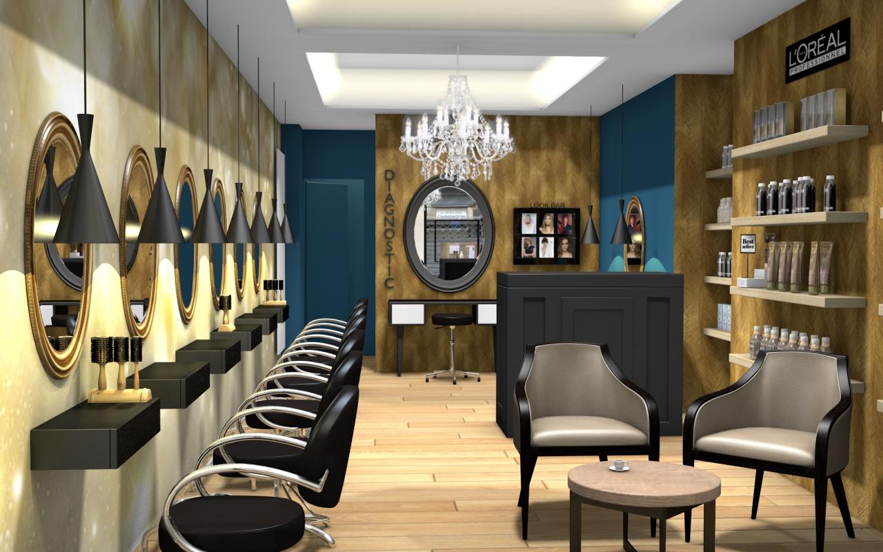 Salon de coiffure chic et moderne: touche de bleu, touche d'or