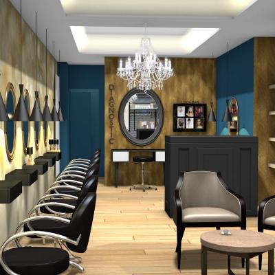 Salon de coiffure chic et moderne: touche de bleu, touche d'or