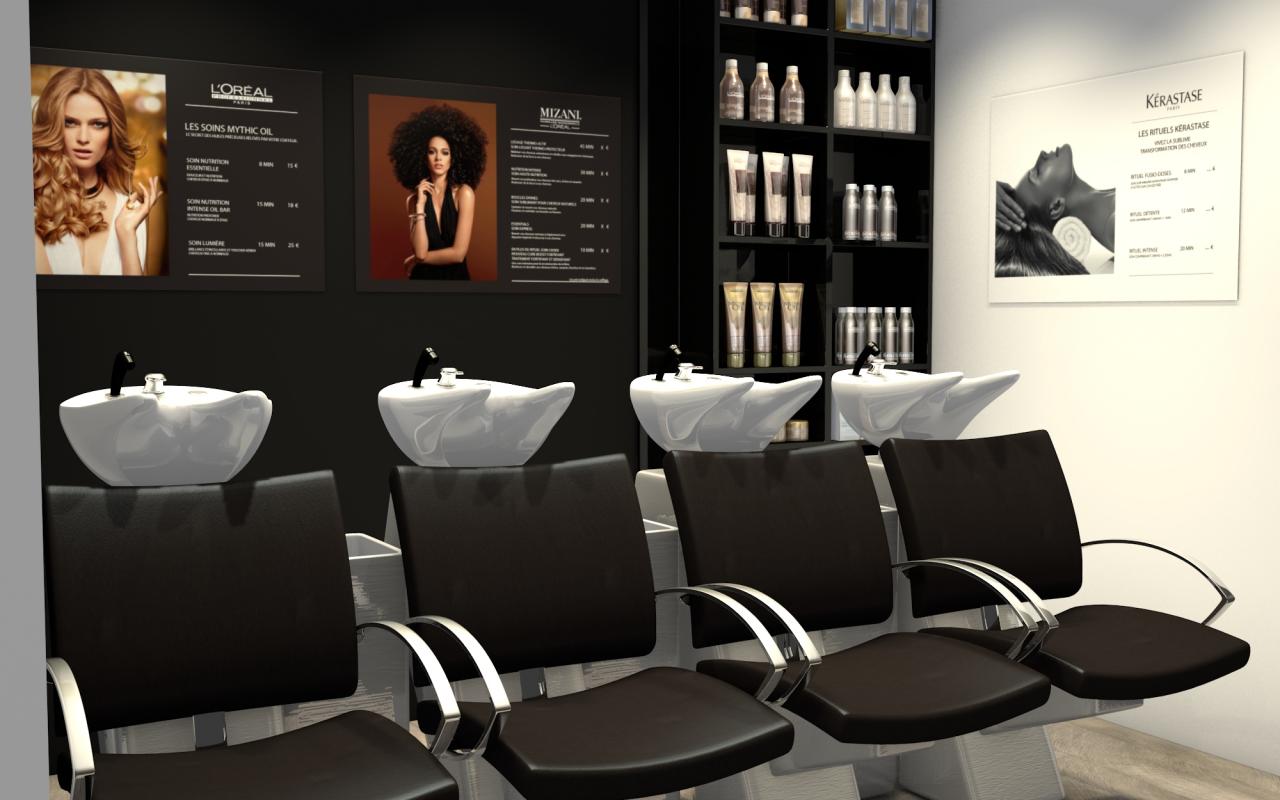 Salon de coiffure chic et moderne: zone bacs