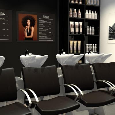 Salon de coiffure chic et moderne: zone bacs