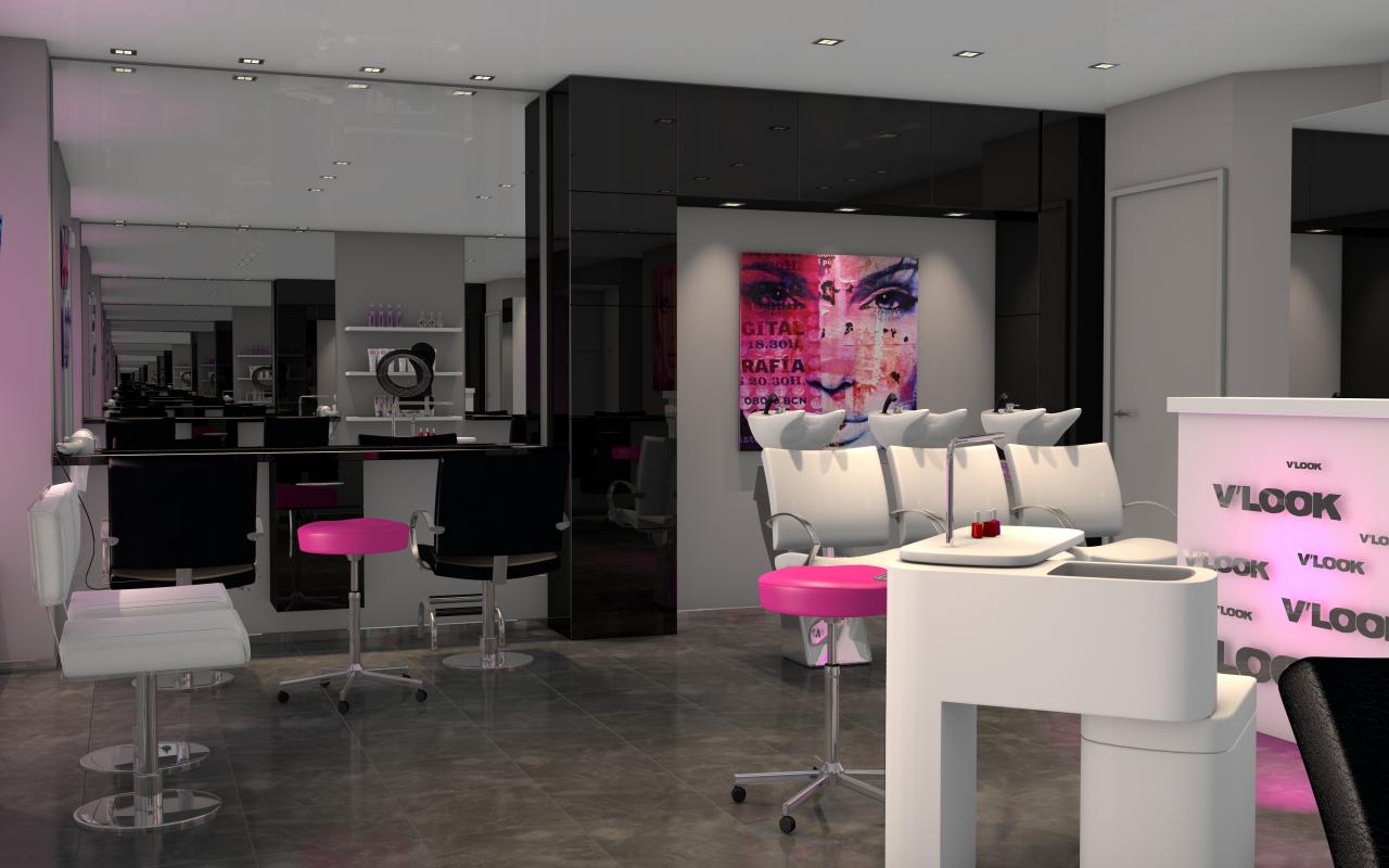 Salon de coiffure moderne, touche de rose