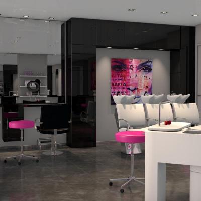 Salon de coiffure moderne, touche de rose