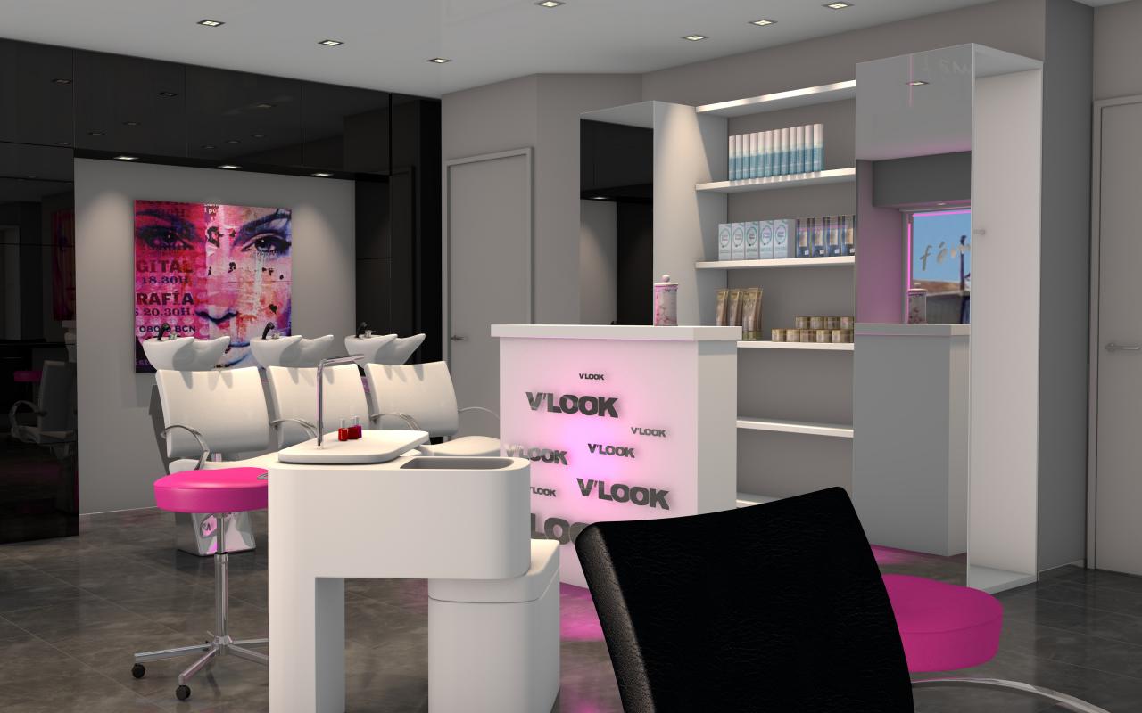 Salon de coiffure moderne, touche de rose