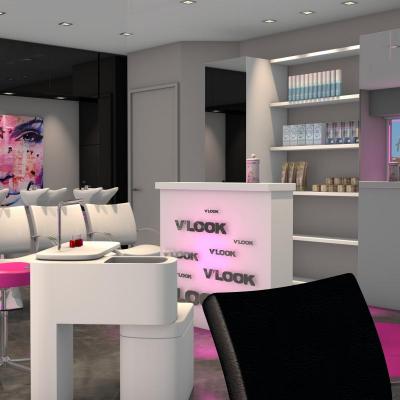 Salon de coiffure moderne, touche de rose