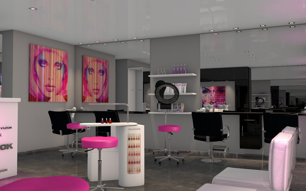 Salon de coiffure moderne, touche de rose