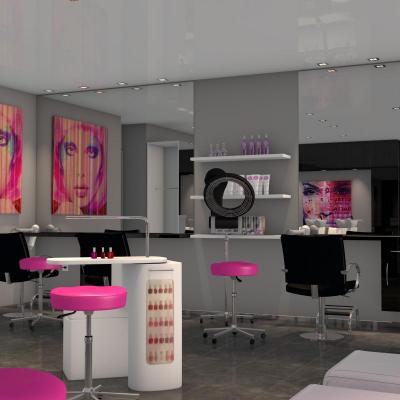 Salon de coiffure moderne, touche de rose