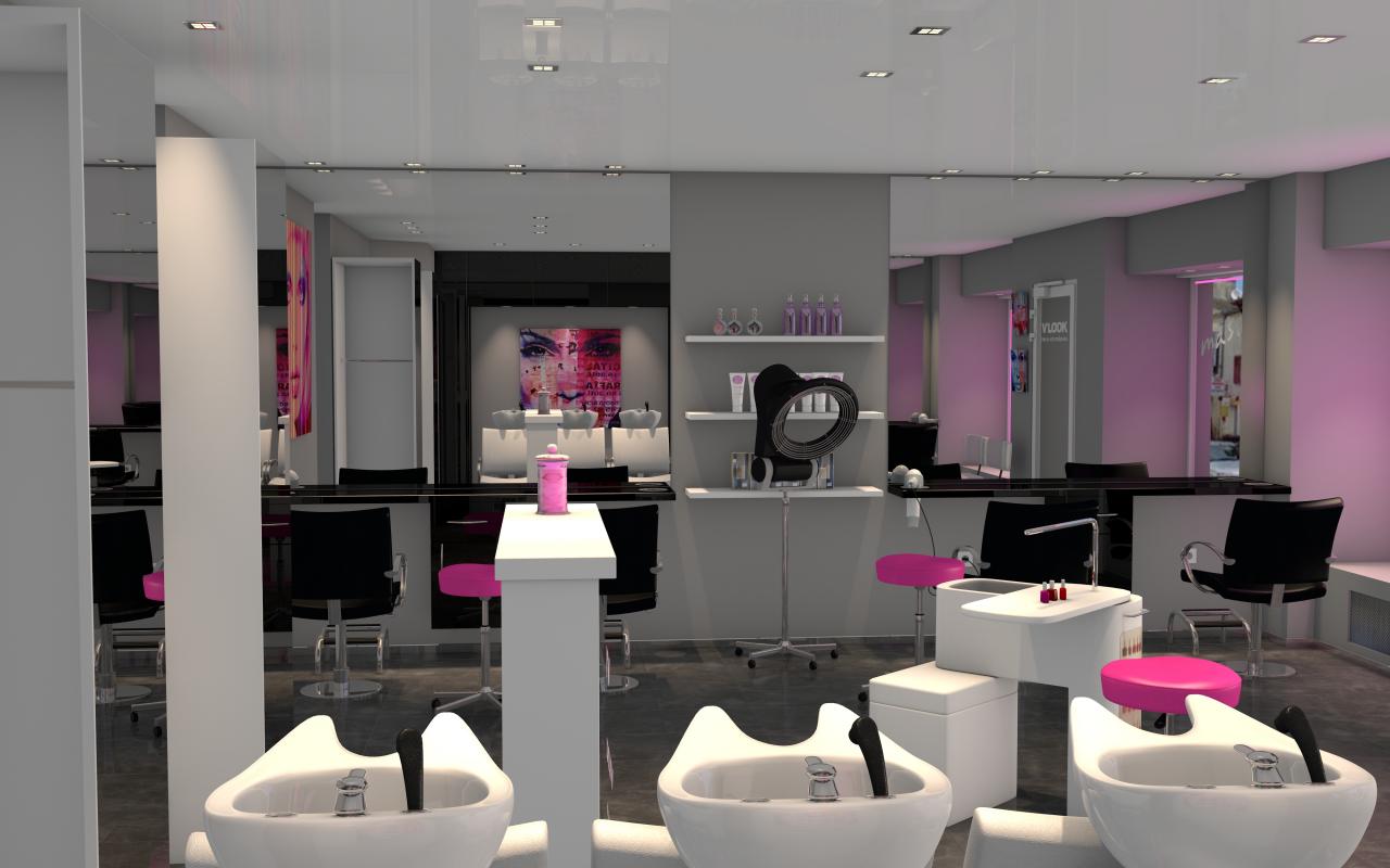 Salon de coiffure moderne, touche de rose