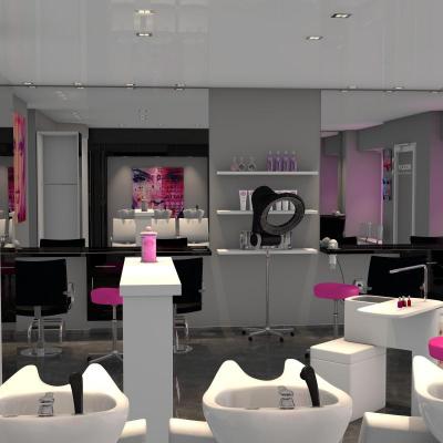 Salon de coiffure moderne, touche de rose