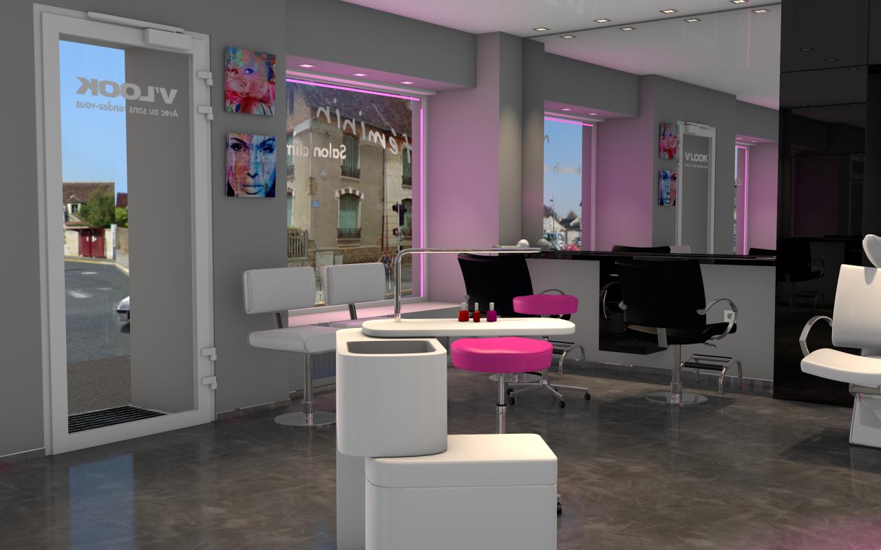 Salon de coiffure moderne, touche de rose