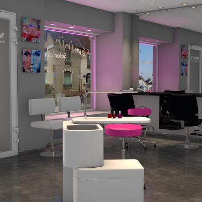 Salon de coiffure moderne, touche de rose