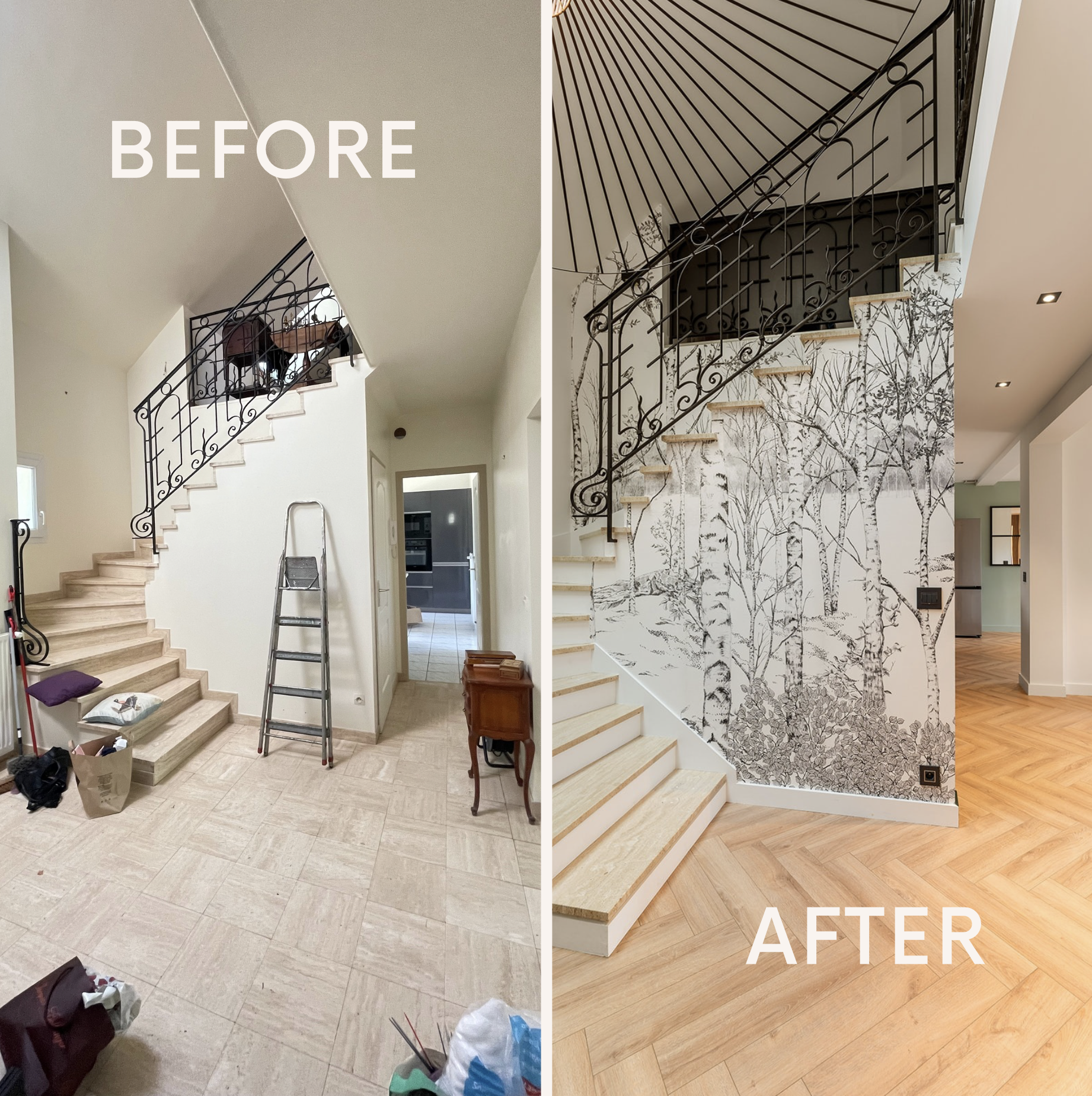 Architecte interieur yerres 91 entree escalier papier peint panoramique parquet avant